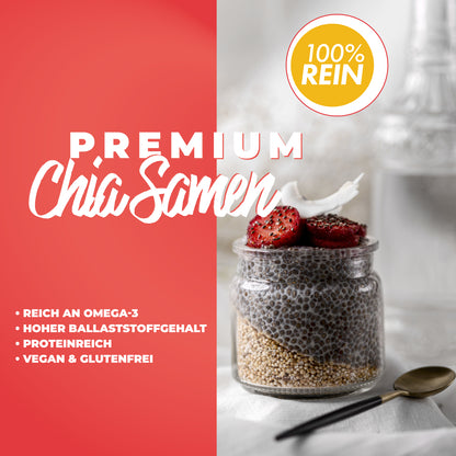 Bio Chia Samen Verpackung mit Produkteigenschaften und Bio-Siegel