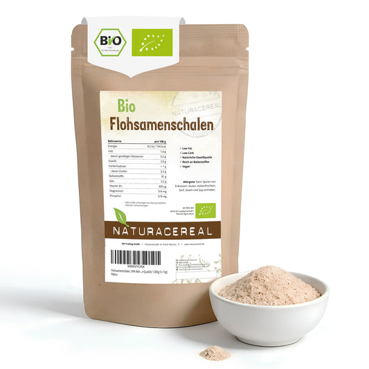 Bio Flohsamenschalen 500g Verpackung von Naturacereal mit 99% Reinheit