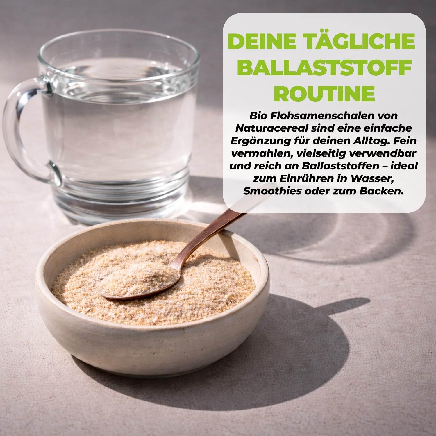 Bio Flohsamenschalen 500g Anwendung mit Wasser, Joghurt und Smoothies