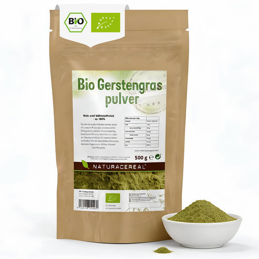 Bio Gerstengraspulver 500g Verpackung von Naturacereal – grünes Superfood