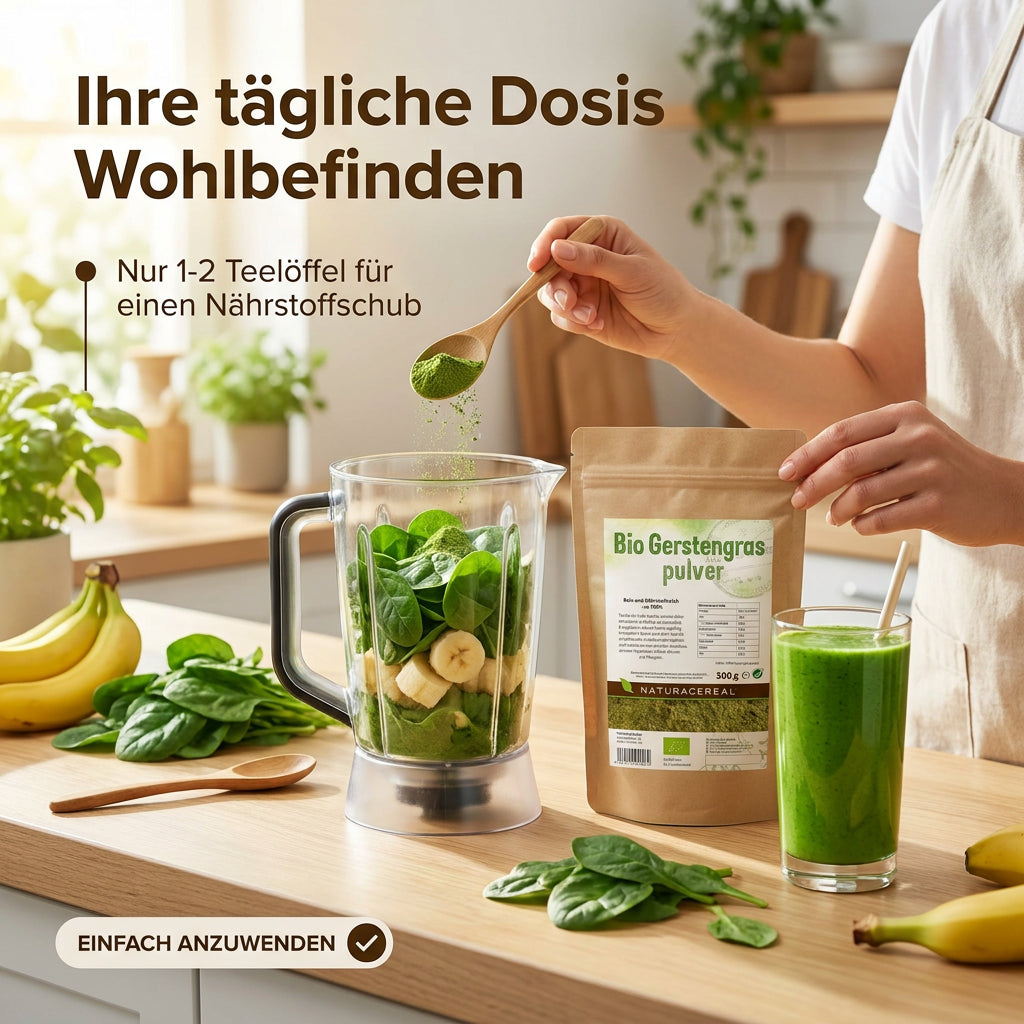 Bio Gerstengraspulver in Nahaufnahme – 100% reines Pflanzenpulver