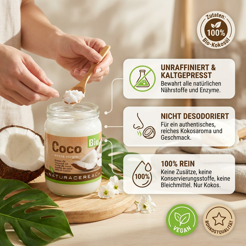 Kaltgepresst und schonend verarbeitet: Naturacereal Bio Kokosöl 500ml behält Aroma und Inhaltsstoffe